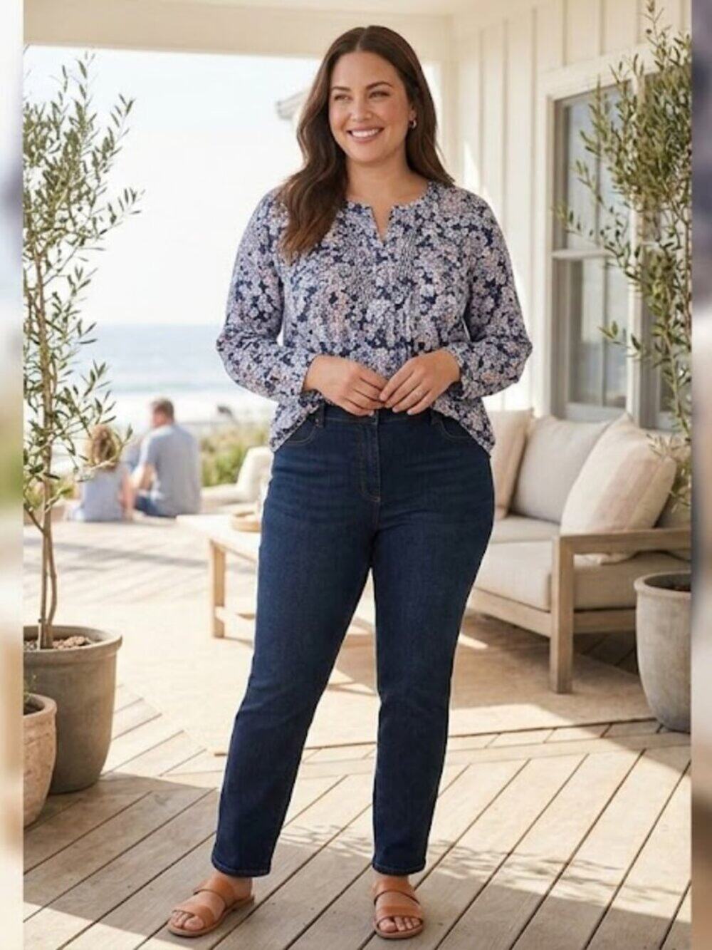J. Jill Navy Pink Floral Cotton Blend Peasant Blouse Small S